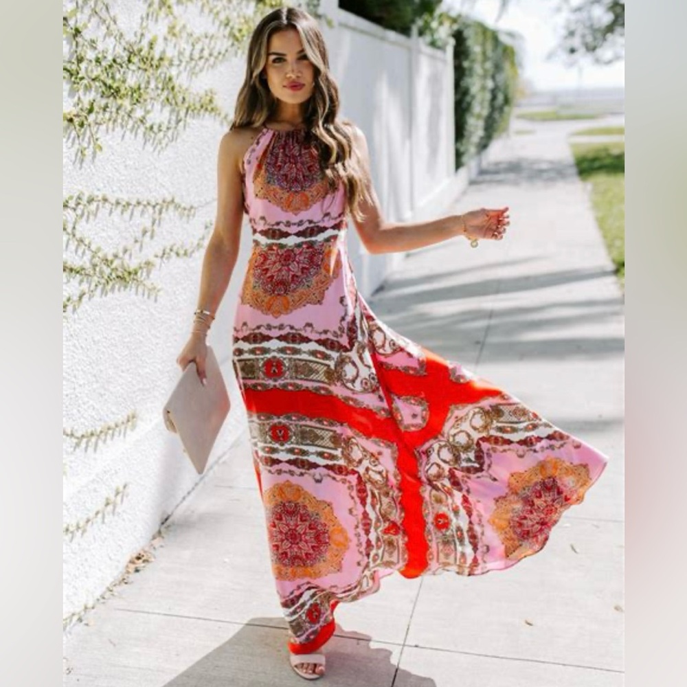 Reina Printed Halter Maxi Large